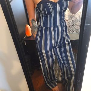 Navy blue and white striped jumpsuit romper